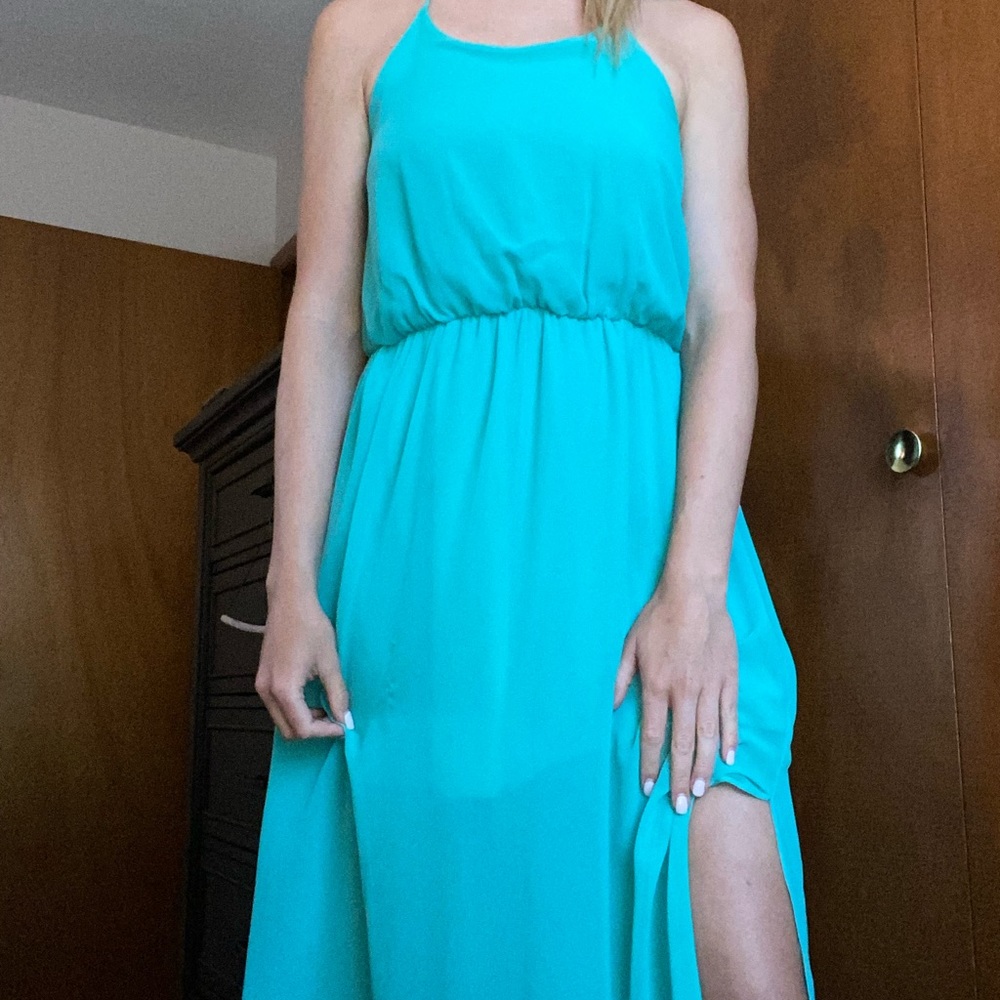 Blue maxi dress with double leg split